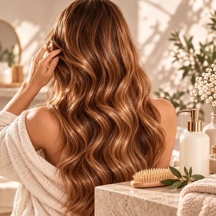 Langes, braunes, gewelltes Haar neben Haarbürste und Pumpspender