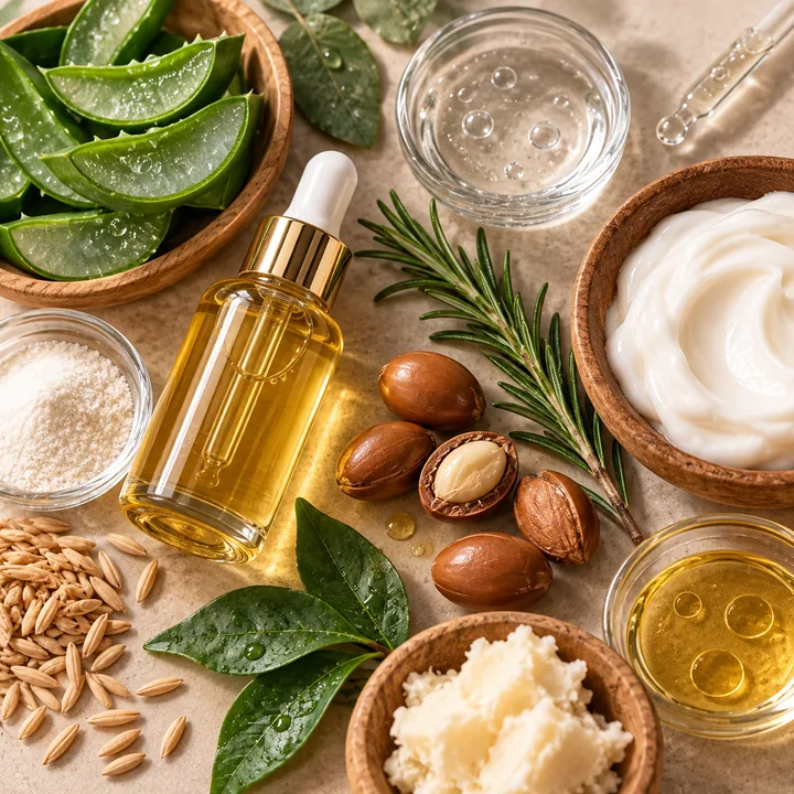 Aloeblätter, Ölfläschchen, Creme und Pflanzenteile in Schalen