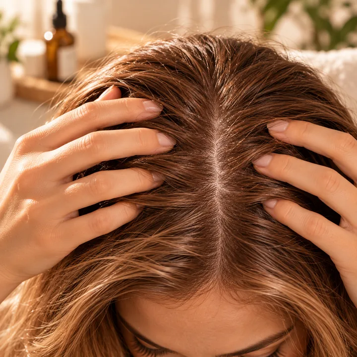 Hände teilen braunes Haar an einem sichtbaren Scheitel
